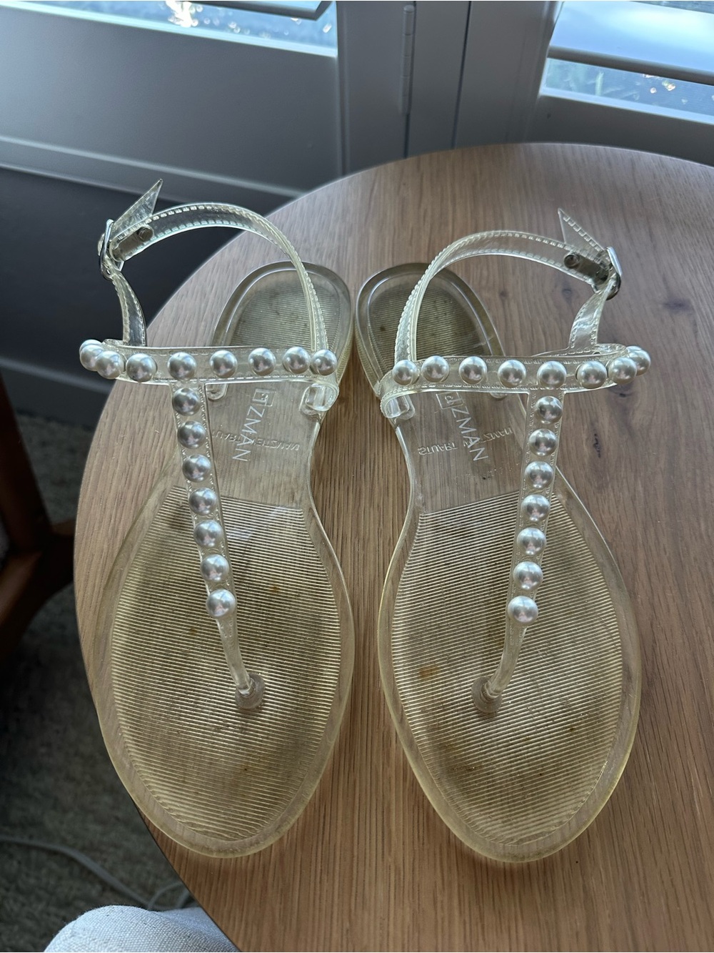 Stuart Weitzman Clear Pearl T-Strap Sandals - Clear
